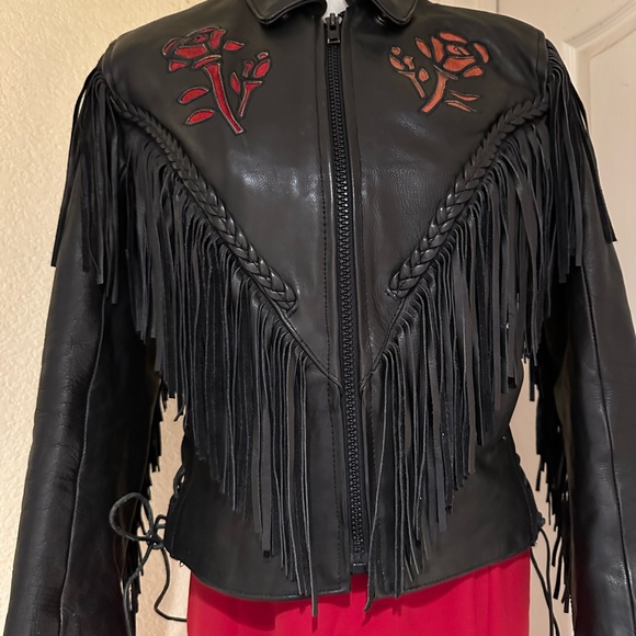 Black Fringe Leather Biker Jacket with Cut Out Rose Details - Picture 8 of 16